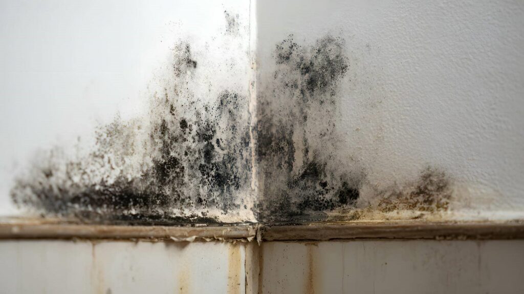 Black mold growth on the corner of white walls above a dirty baseboard.
