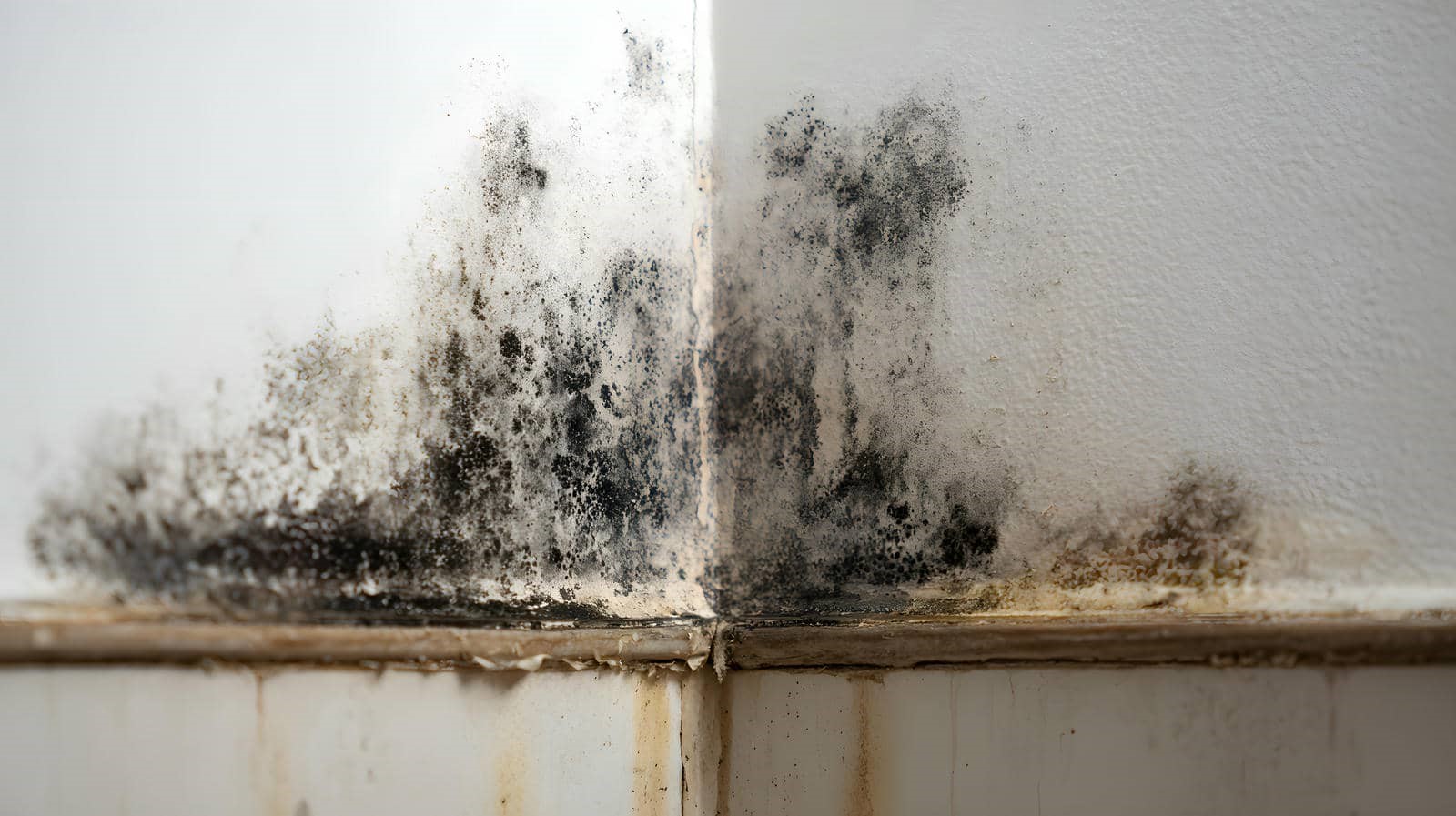 Black mold growth on the corner of white walls above a dirty baseboard.