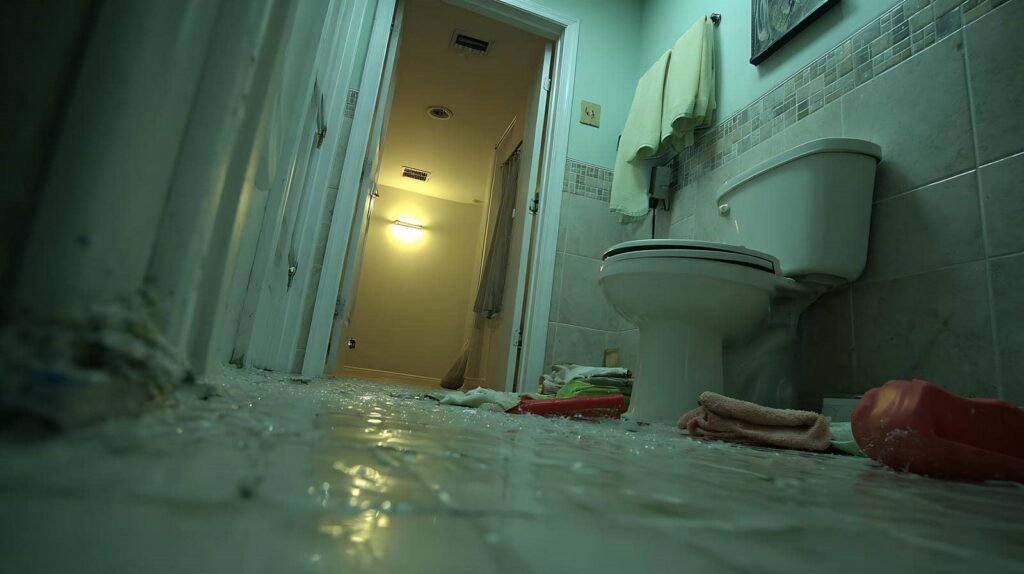 Bathroom floor covered in broken glass with a toilet and towels visible.