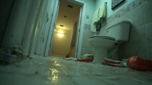 Bathroom floor covered in broken glass with a toilet and towels visible.