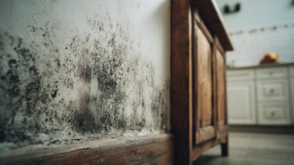 Black mold growth on a white wall near a wooden cabinet in a kitchen.