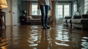 Person wearing boots standing in a living room flooded with water.