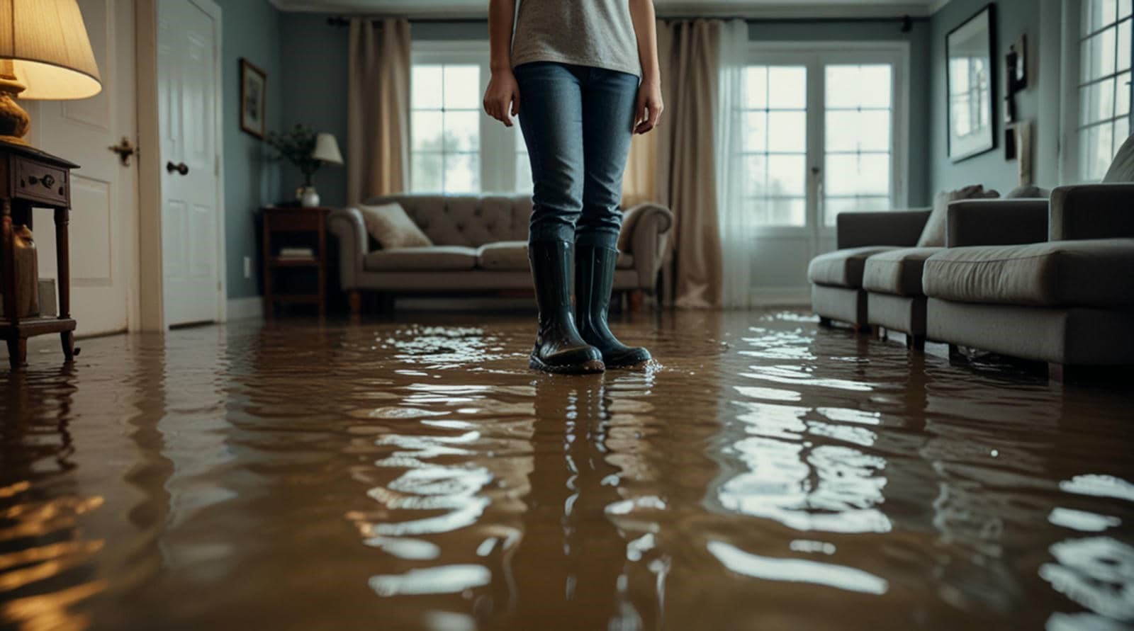 Person wearing boots standing in a living room flooded with water.