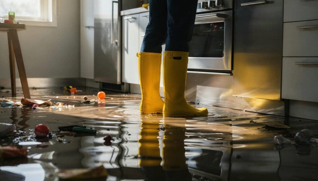 Person wearing yellow rain boots standing in a flooded kitchen with scattered debris on the water.