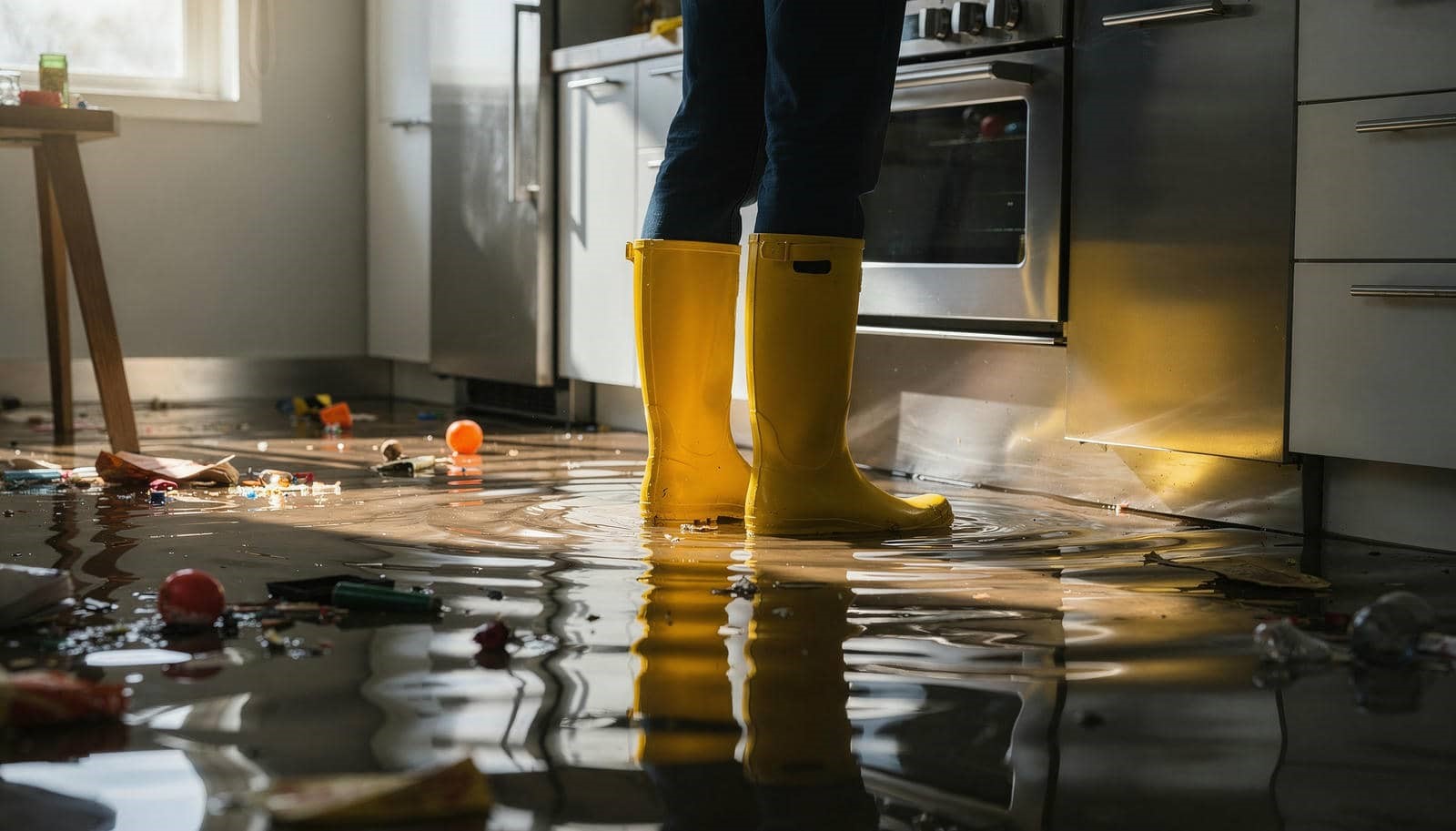 Person wearing yellow rain boots standing in a flooded kitchen with scattered debris on the water.