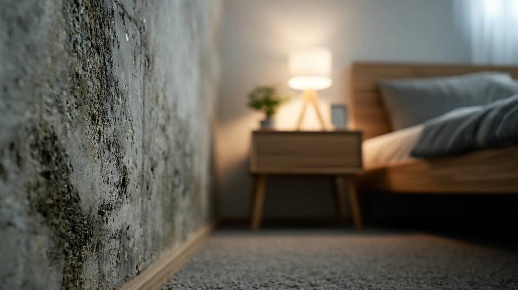 Close-up of moldy wall in a bedroom with a blurred nightstand, lamp, and bed in the background.