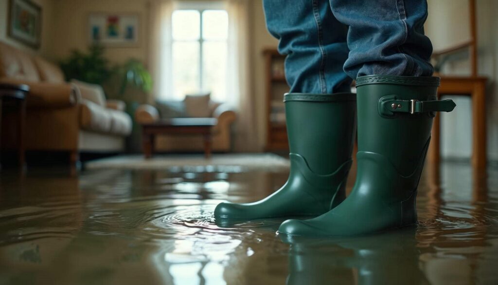 Person wearing green rain boots standing in a flooded living room.