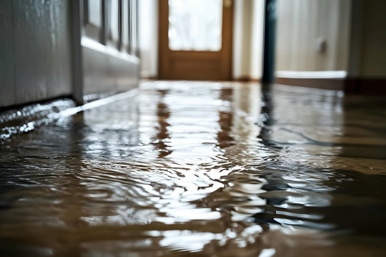 Water flooding a wooden floor inside a house hallway.