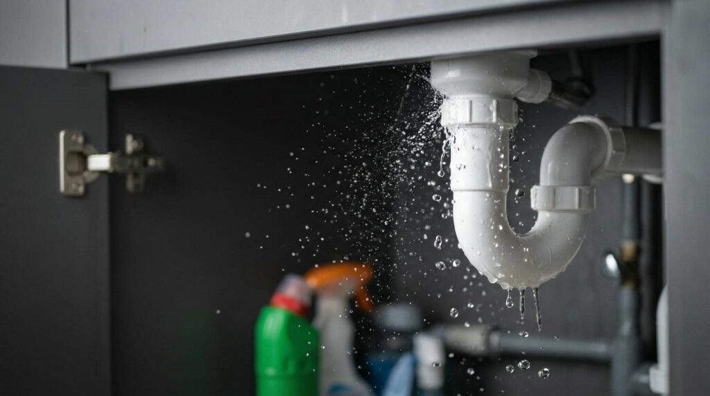 Leaking white pipe under a sink with water spraying out inside a cabinet.