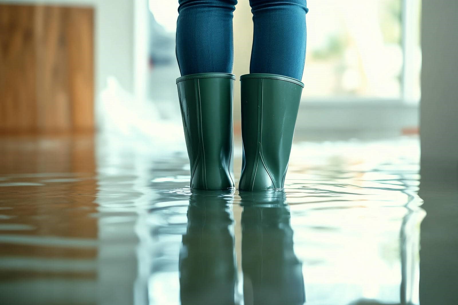 Person wearing green rain boots standing in ankle-deep indoor floodwater.