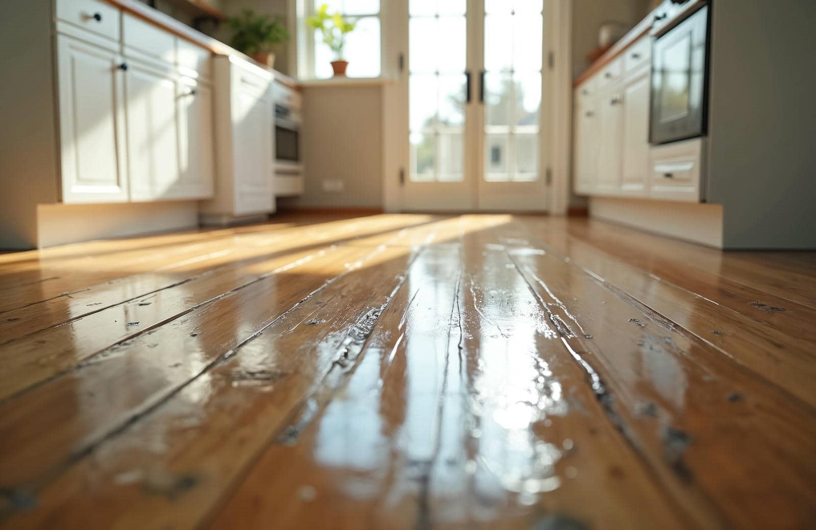 Sunlight reflecting on polished wooden kitchen floorboards with white cabinets on both sides.