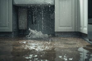 Water leaking and splashing from a broken pipe under a kitchen sink, flooding the floor.