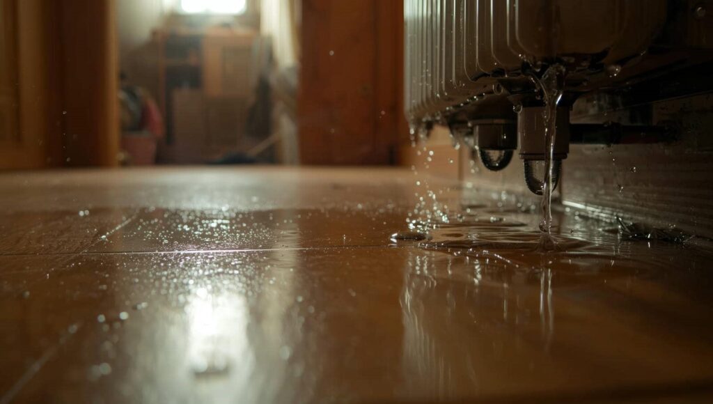Water leaking and dripping from a radiator onto a wooden floor.