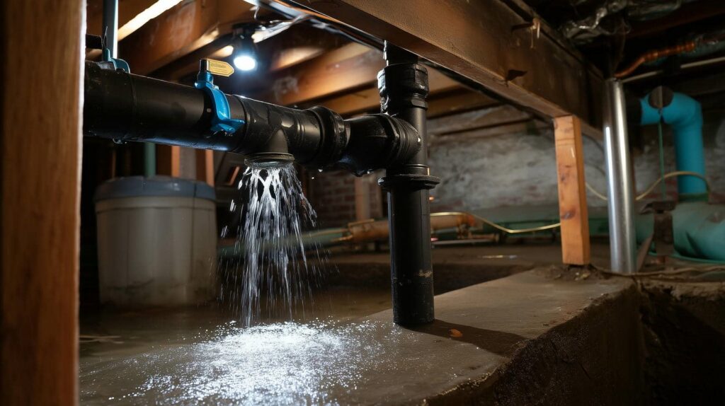 Water leaking from a black pipe in a basement or crawl space.