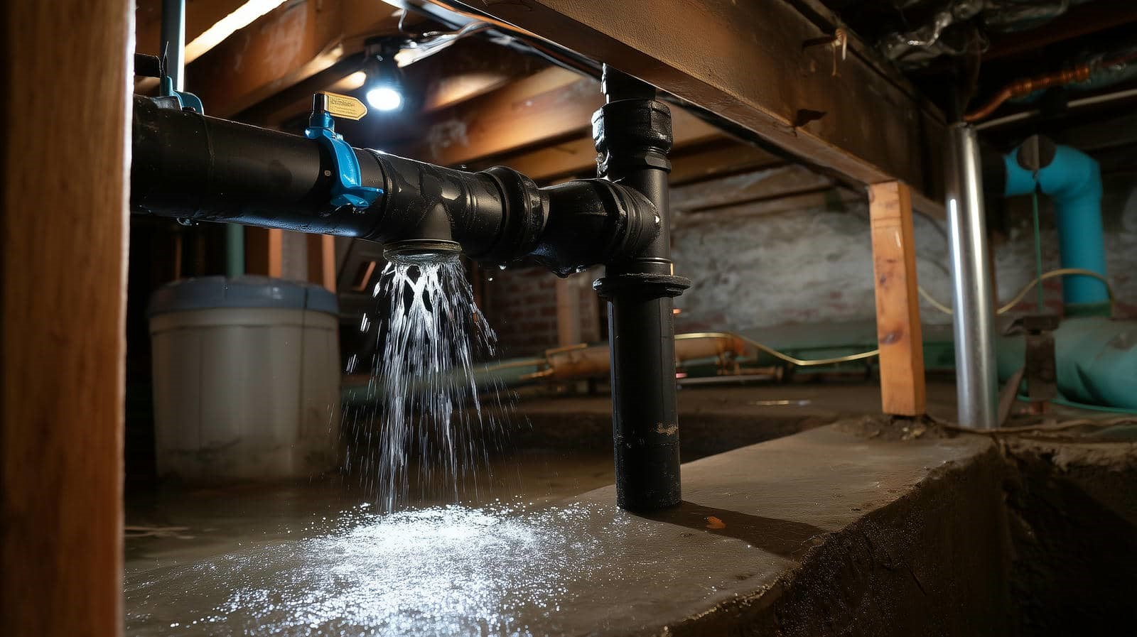 Water leaking from a black pipe in a basement or crawl space.