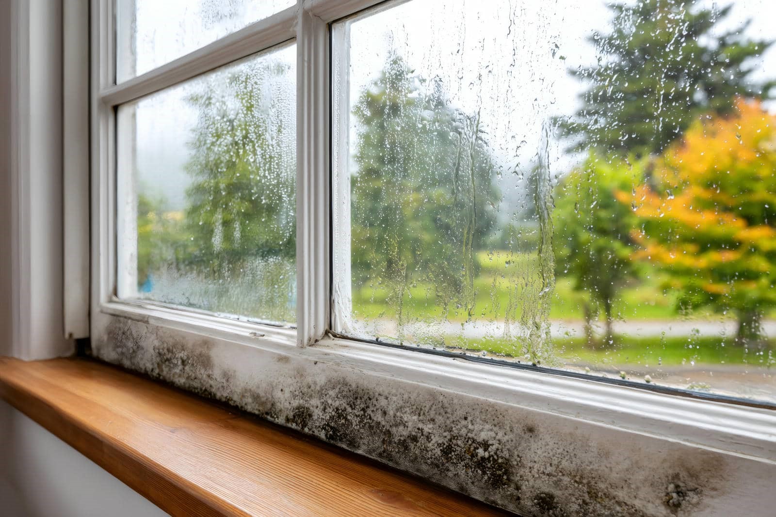 Window with condensation and mold on the frame, showing a rainy outdoor scene with trees.