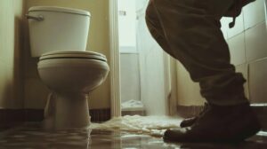 Water flooding a bathroom floor near a toilet with a person standing in boots.