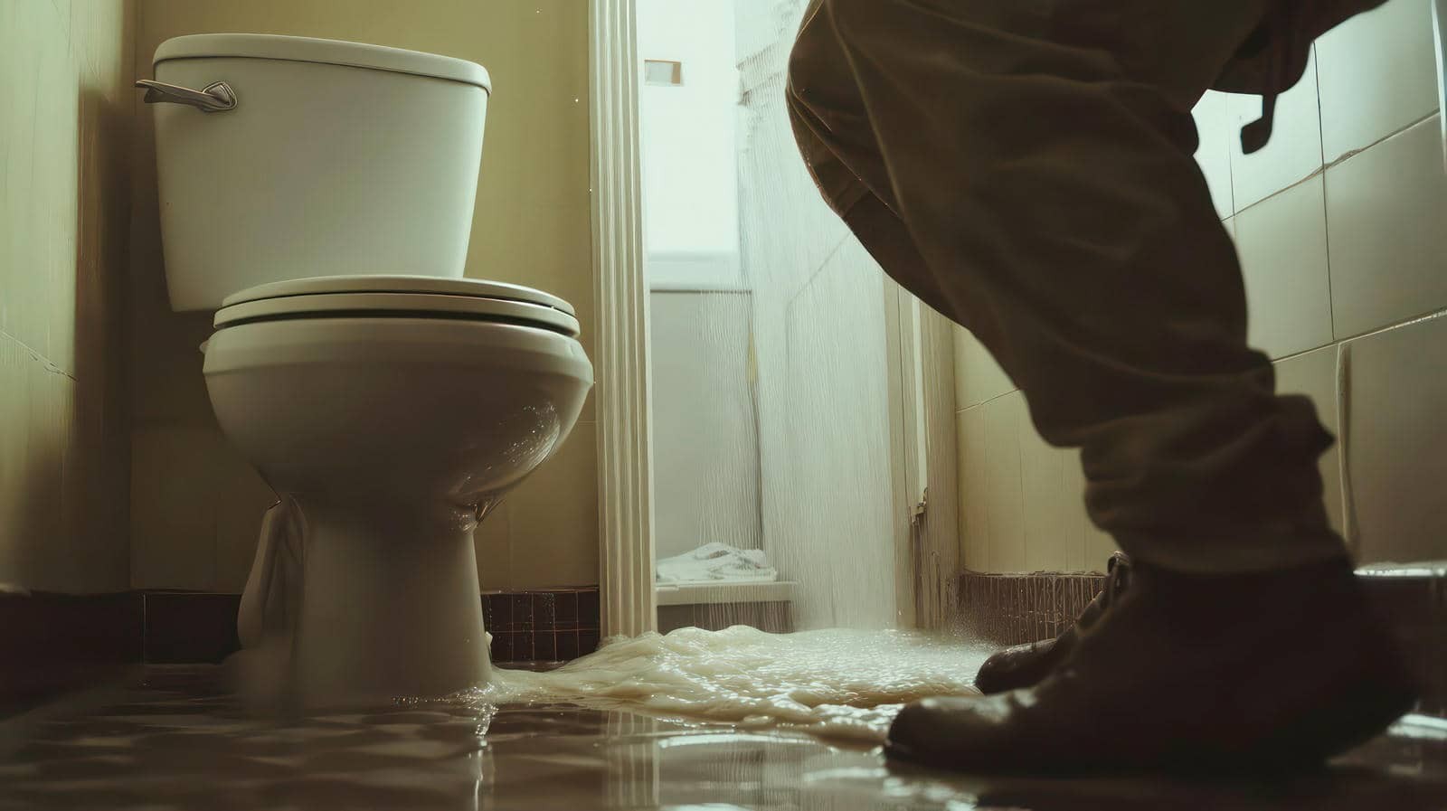 Water flooding a bathroom floor near a toilet with a person standing in boots.