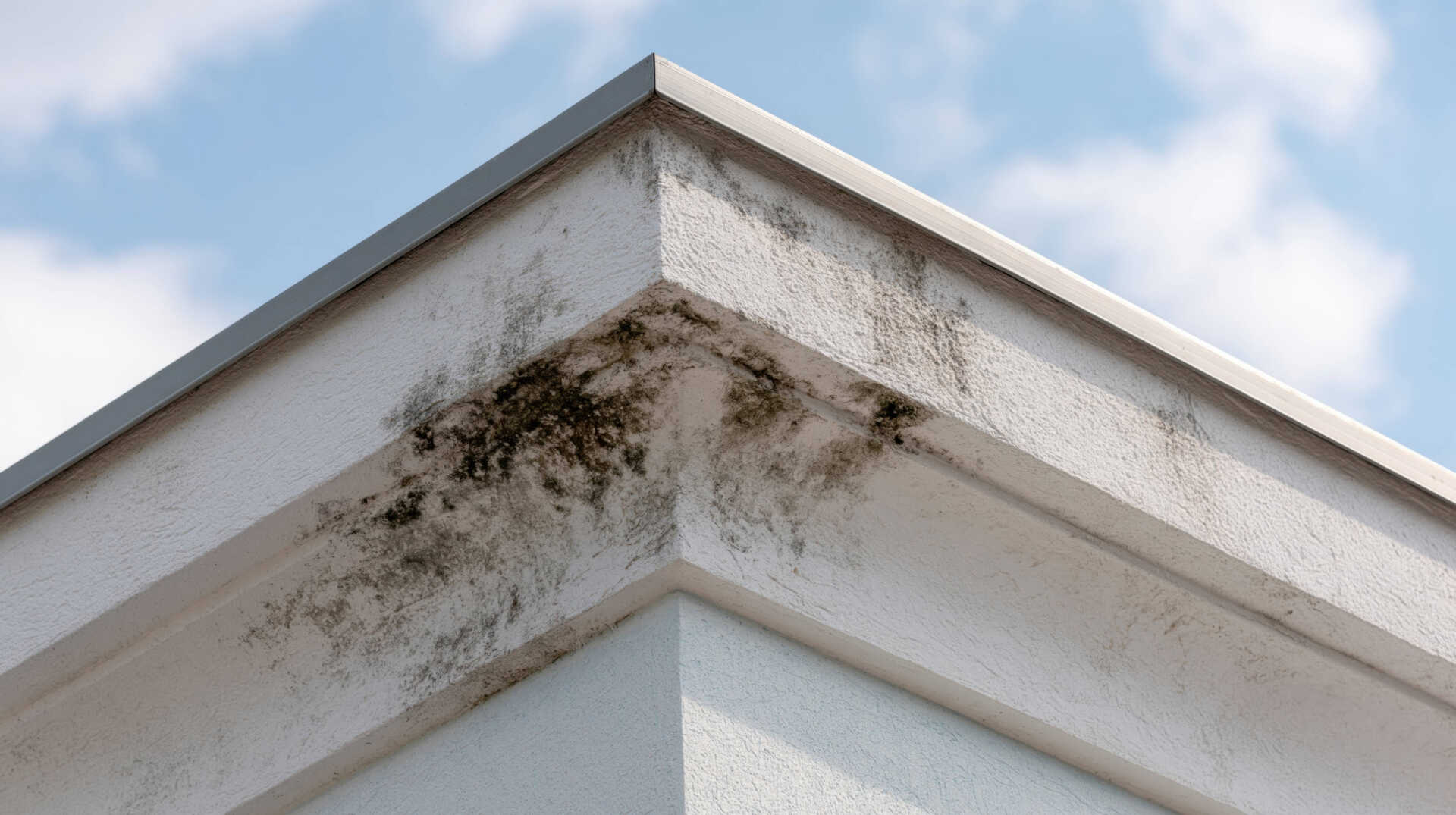 Mold stains on a building corner under a blue sky.
