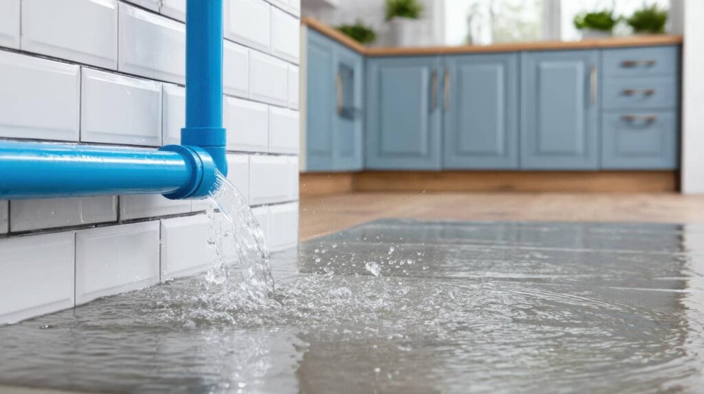 Water leaking from a blue pipe onto a flooded kitchen floor with blue cabinets in the background.