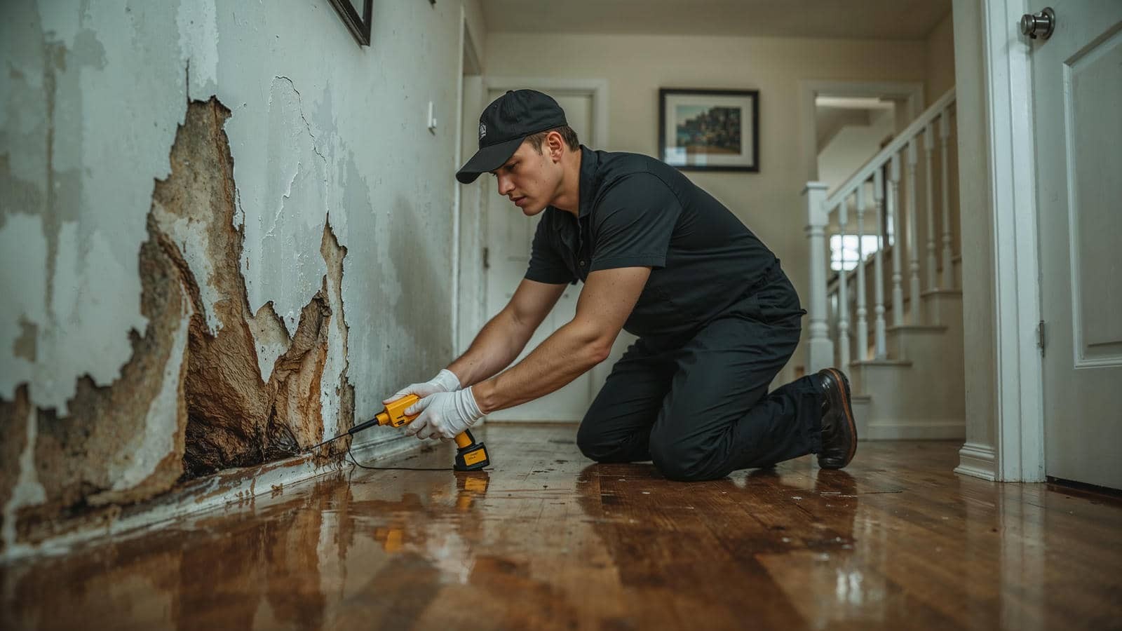 Man in black uniform inspecting water-damaged wall with a moisture meter in a flooded room.