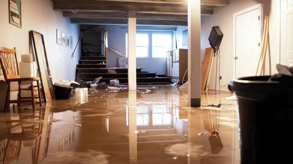 Flooded basement with water covering the floor and scattered furniture and debris.