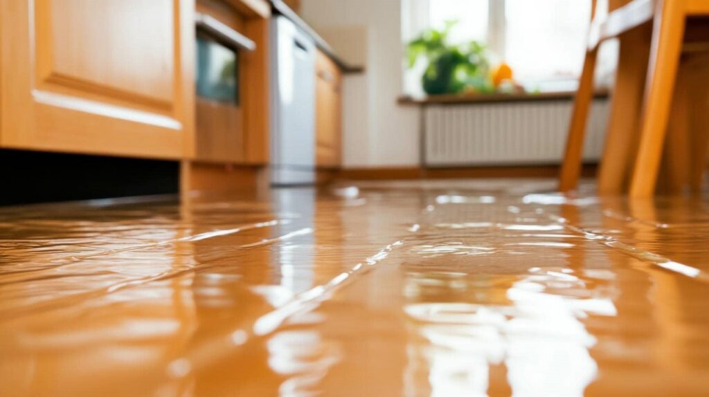 Water flooding a wooden kitchen floor with cabinets and furniture in the background.