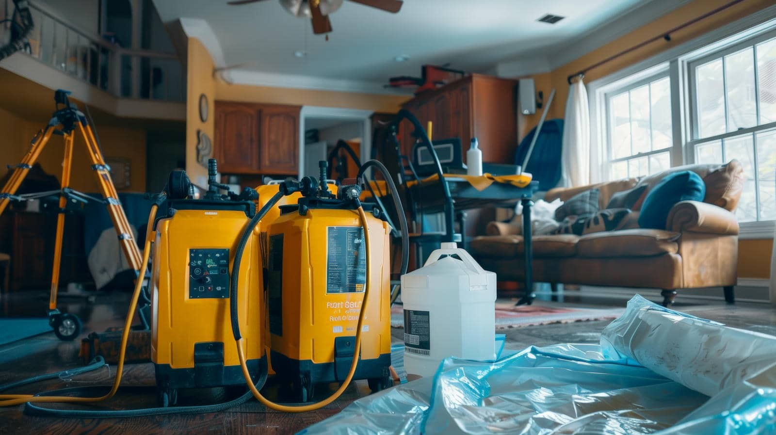 Two yellow water damage restoration machines in a living room with plastic sheeting on the floor.