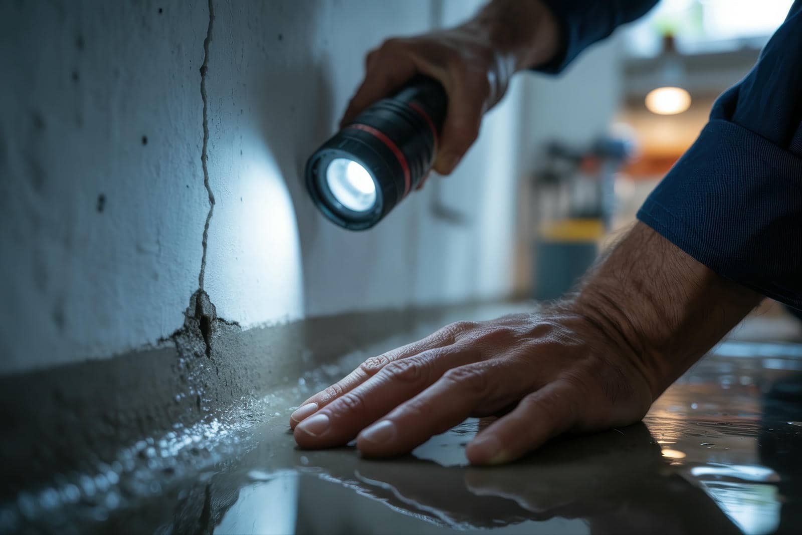 Hand holding a flashlight inspecting a cracked wall with water on the floor.