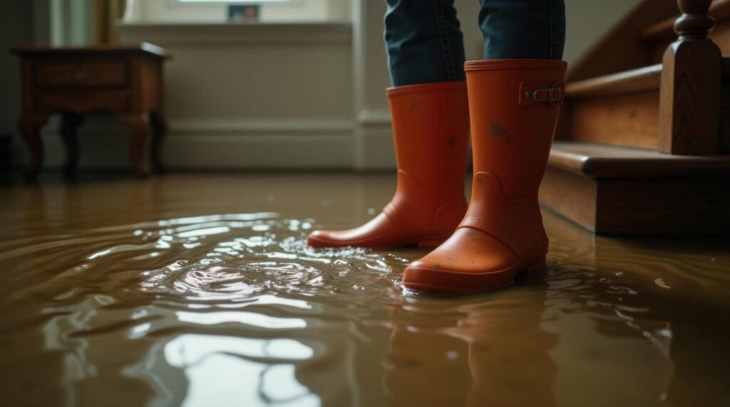 Person wearing orange rain boots standing in a flooded indoor floor near wooden stairs.