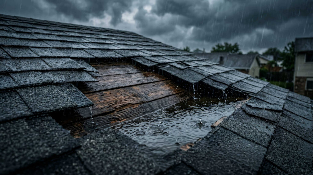 Damaged roof leaking rainwater during a storm.