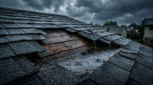Damaged roof leaking rainwater during a storm.